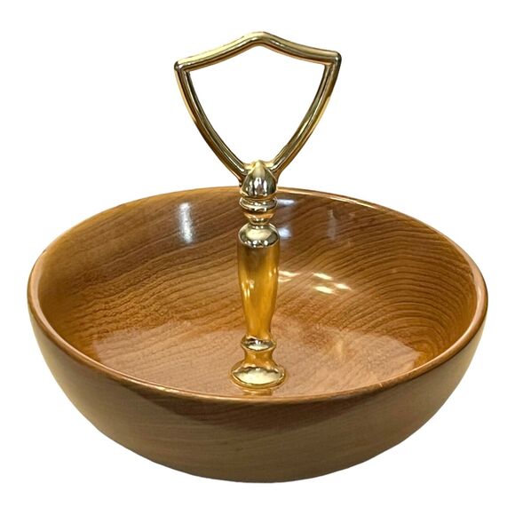 VTG Oregon Myrtlewood 6" NUT BOWL CANDY COIN DISH Gold Handle Cracker Tray USA! - Picture 1 of 4